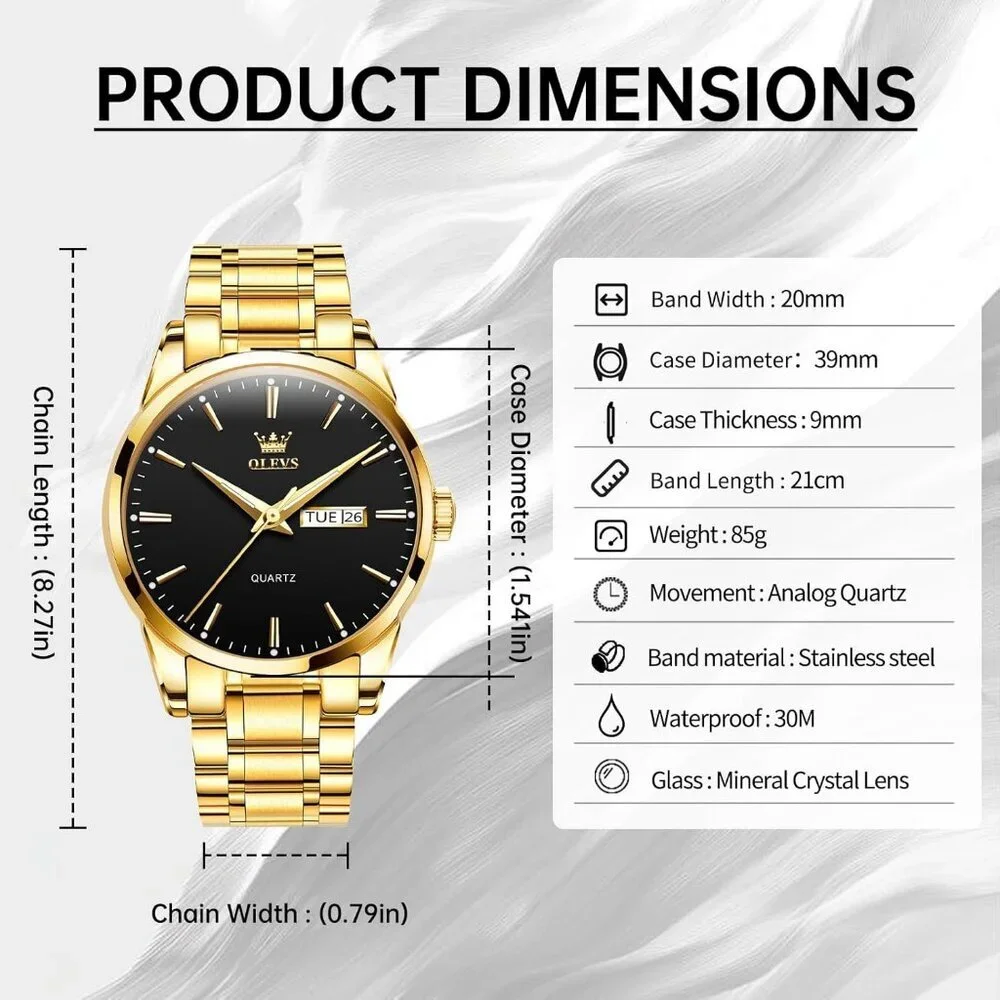 Olevs Men's Gold Steel Black-Dial Waterproof Stainless Luminous Stylish Watch